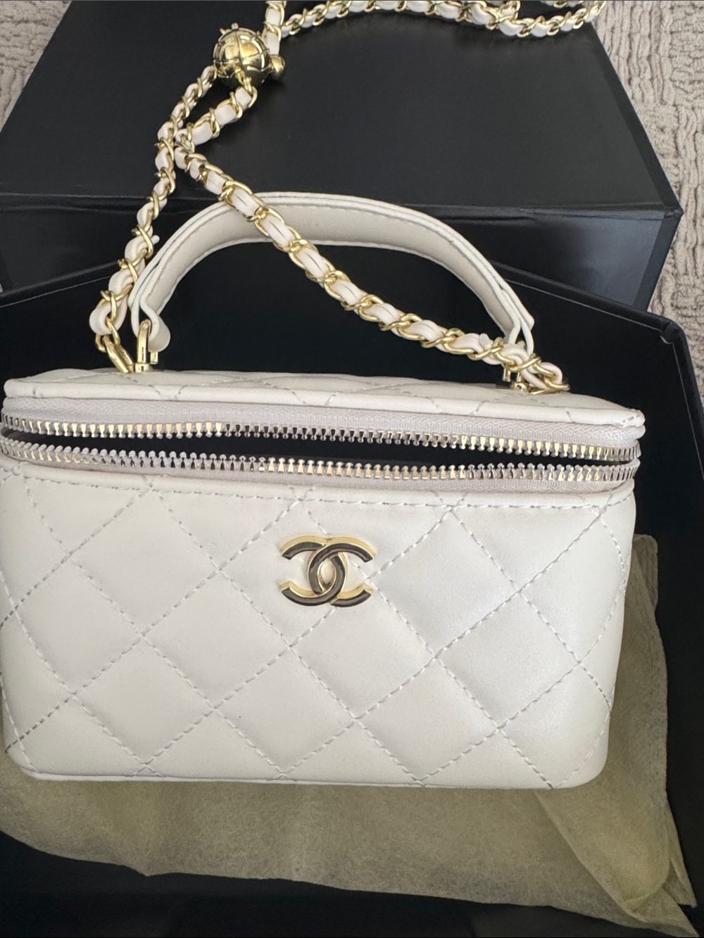 GWP White Quilted Vanity Crossbody Bag with Gold Hardware
